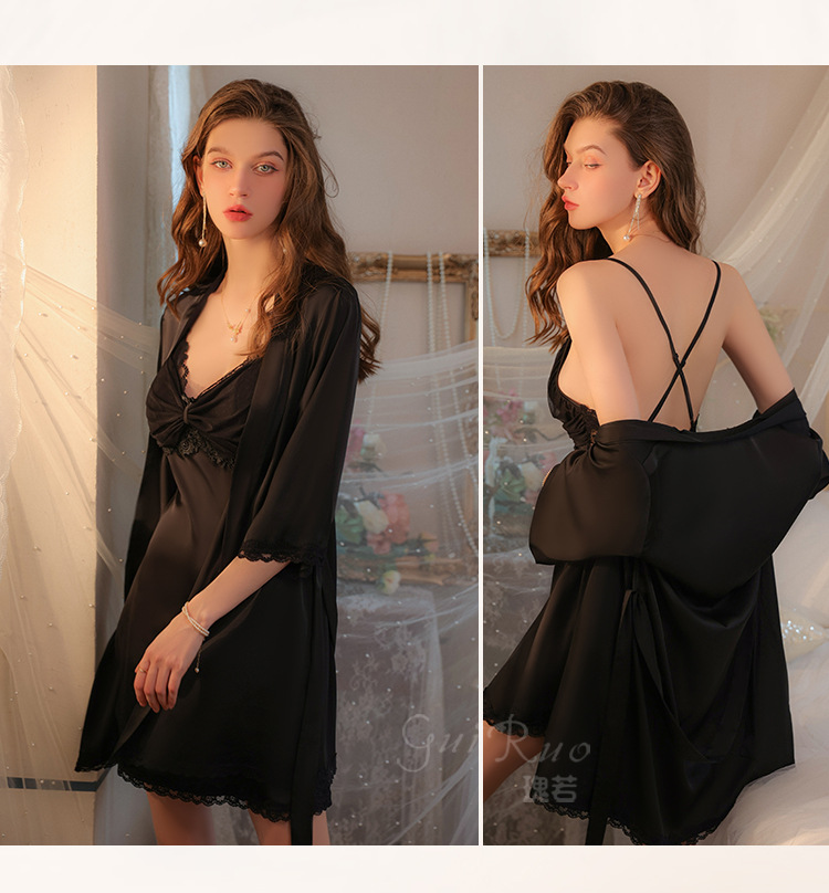 Черная сетка Подол на косточках Babydoll атласная ночная рубашка